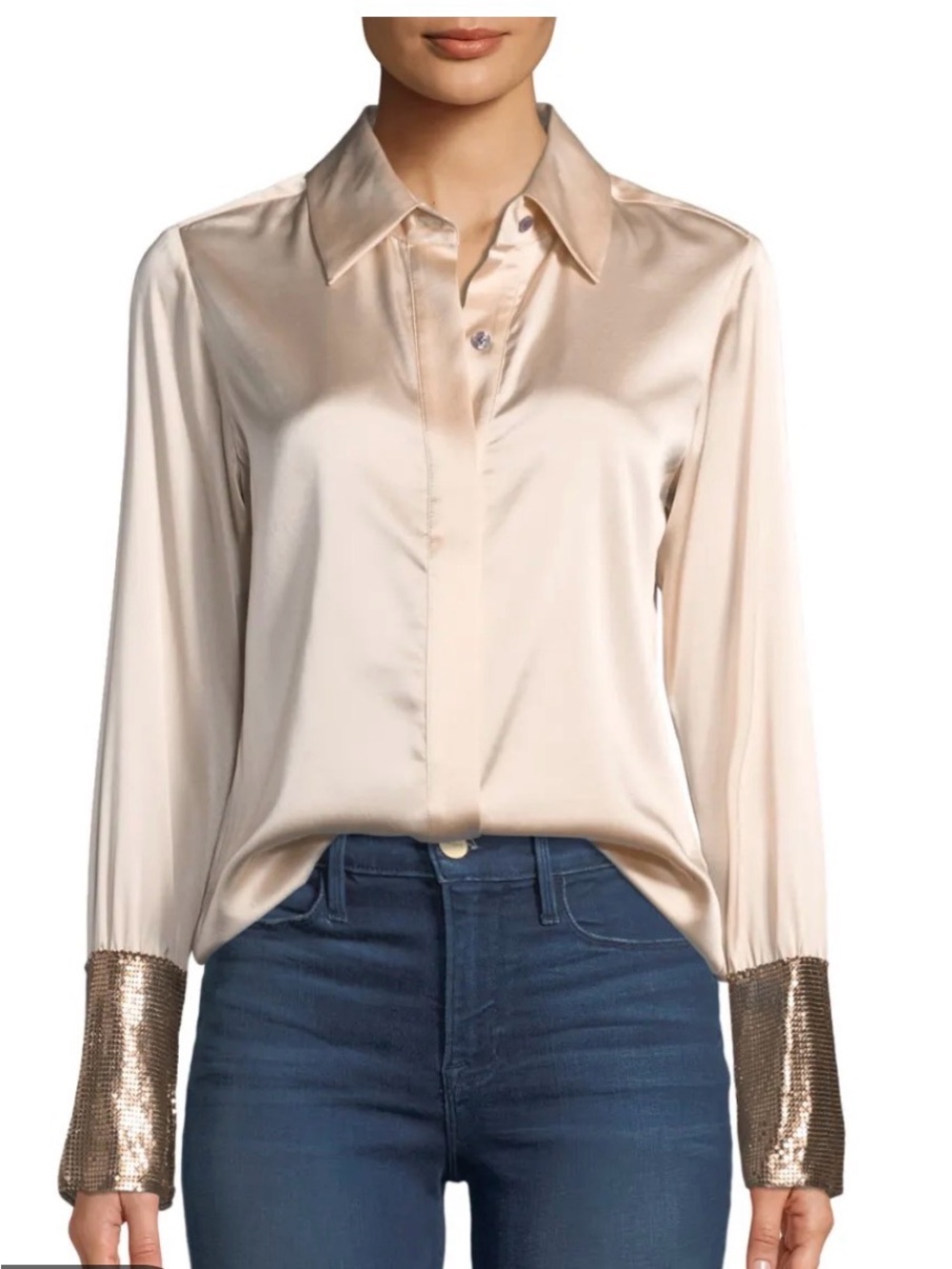 Ramy Brook Talia Silk Button-Down Top in champagne with Metallic Cuffs S/P